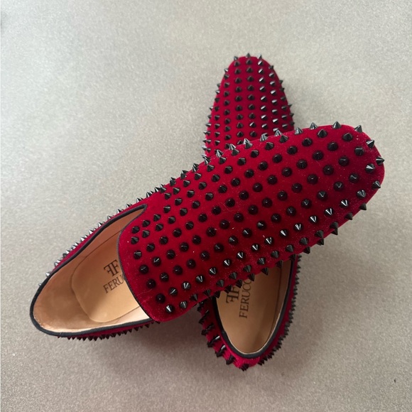 FERUCCI BURGUNDY VELVET BLACK SPIKES SLIPPERS  LOAFER SIZE 14 PROM WEDDING SHOES - Picture 2 of 4